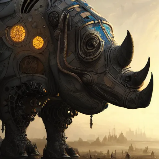 Prompt: a biomechanical rhino made of scrap metal, cyberpunk, macro, intricate, elegant, highly detailed, digital painting, artstation, biolusence, concept art, sharp focus, art by artgerm and greg rutkowski and alphonse mucha, 8 k