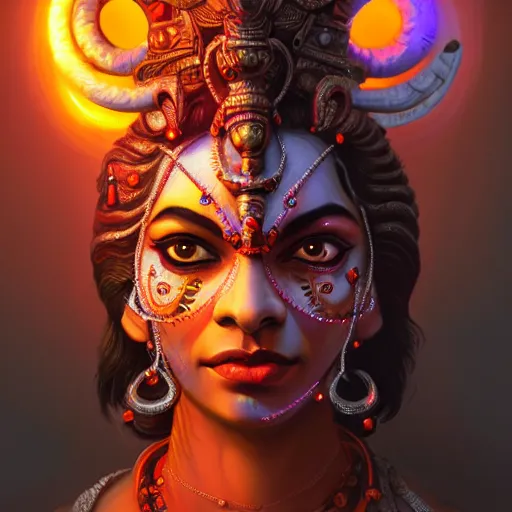 Prompt: portrait of a hindu god kali with a scaly skin and bio-technical parts and high tec VR headset and neon light by Artgerm and Greg Rutkowski , digital painting, highly detailed, trending on artstation