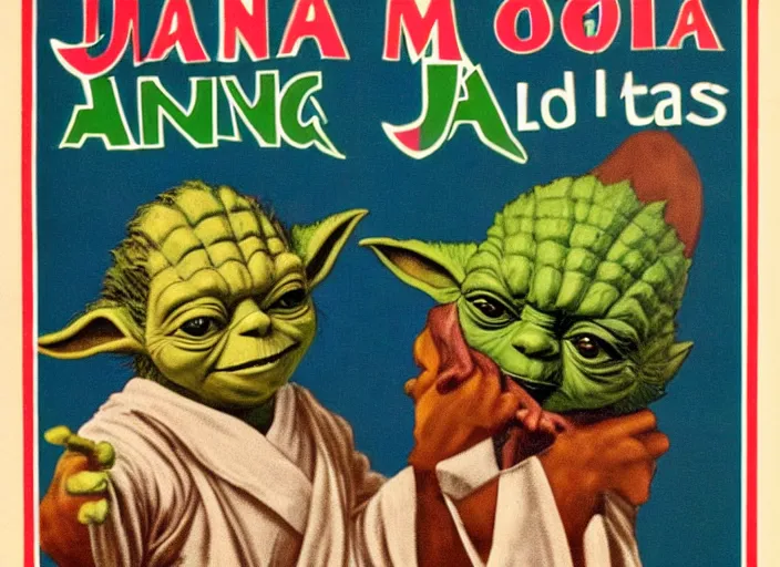 Image similar to vintage travel advertisement for jamaica, of yoda made out of cannabis