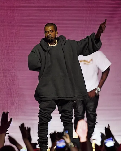 Prompt: kanye rapping on stage but his clothes are ten times too large for him