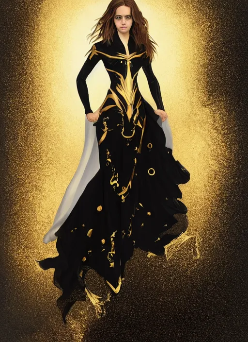 Prompt: emma watson as dark magic celestial, long hair, black, gold and (((transparent))) cloth, space, D&D, shiny background, intricate, elegant, highly detailed, digital painting, artstation, concept art, smooth, sharp focus, illustration, artgerm, bouguereau