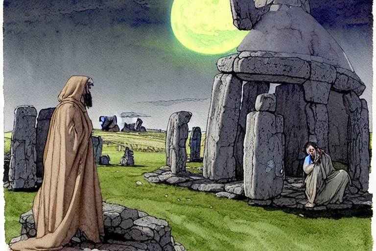 Image similar to a realistic and atmospheric watercolour fantasy concept art of one dirty medieval monk in grey robes pointing up at a ufo in the sky above stonehenge. muted colors. by rebecca guay, michael kaluta, charles vess and jean moebius giraud