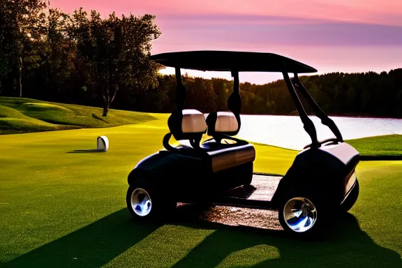 Prompt: a golf cart on a golf coarse at sunset in front of a lake