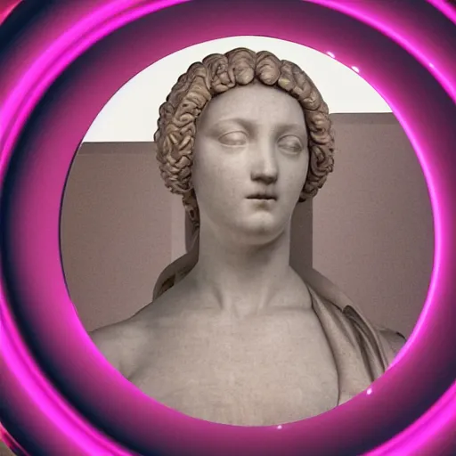 Image similar to a neon ring surrounding the head of a renaissance statue, 3 d render