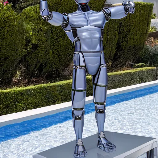 Image similar to a realistic detailed photo of a guy who is an attractive humanoid who is half robot and half humanoid, who is a male android, wrestler finn balor, shiny skin, posing like a statue, blank stare, by the pool, on display, showing off his muscles, humanoid robot, frozen ice statue