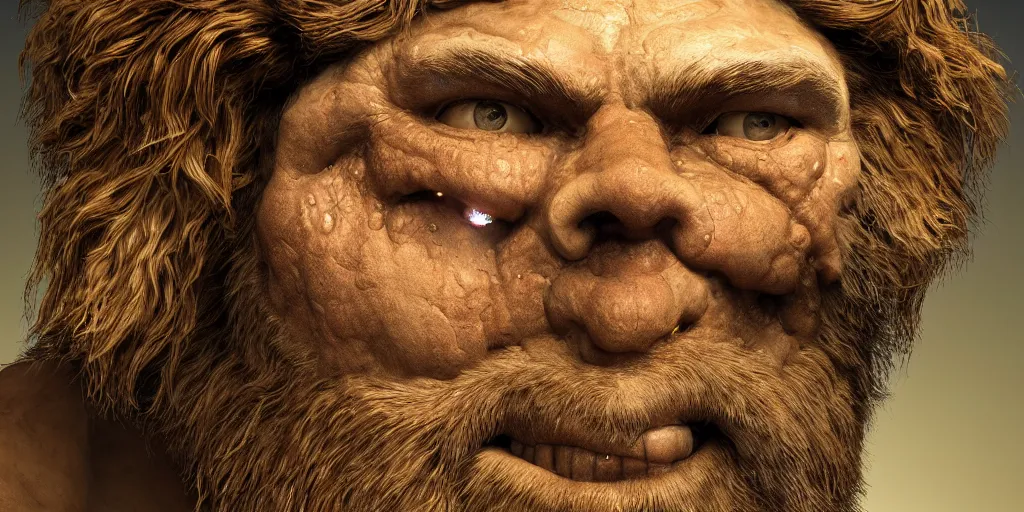 Image similar to hyperrealistic mixed media portrait of the geico caveman, forward angle, stunning 3d render inspired art by P. Craig Russell and Barry Windsor-Smith + perfect facial symmetry + dim volumetric lighting, 8k octane beautifully detailed render, post-processing, extremely hyperdetailed, intricate complexity, epic composition, grim yet sparkling atmosphere, cinematic lighting + masterpiece, trending on artstation