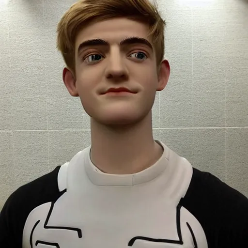 Image similar to “a realistic detailed photo of a guy who is an attractive humanoid who is half robot and half humanoid, who is a male android, twitch streamer Ninja Tyler Blevins, shiny skin, posing like a statue, blank stare, streaming”