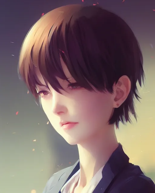 Image similar to kyoto animation, woman with short hair, beautiful, detailed portrait, cell shaded, 4 k, concept art, by wlop, ilya kuvshinov, artgerm, krenz cushart, greg rutkowski, pixiv. cinematic dramatic atmosphere, sharp focus, volumetric lighting, cinematic lighting, studio quality