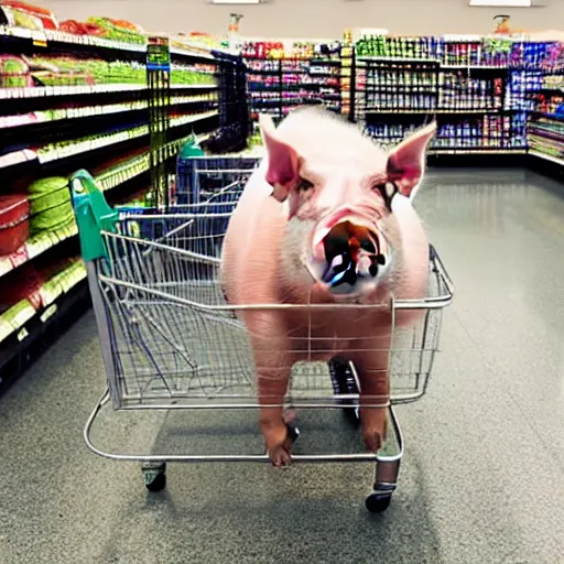 Image similar to pig pushing a shopping cart at the grocery store, photo real, award winning