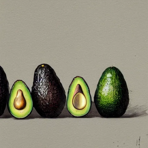 Image similar to four avocados lined up in a row, white background, dramatic lighting, illustration by greg rutkowski, yoji shinkawa, 4 k, digital art, concept art, trending on artstation