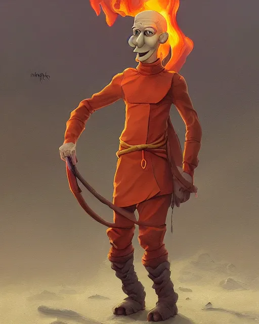 Image similar to [ squidward ] wearing fire nation clothing and practicing firebendingoutside at susnset, oil painting, highly detailed, intricate, hd, sharp focus, photorealistic, by moebius and greg rutkowski, trending on artstation, trending on cgsociety, realistic shading and lighting