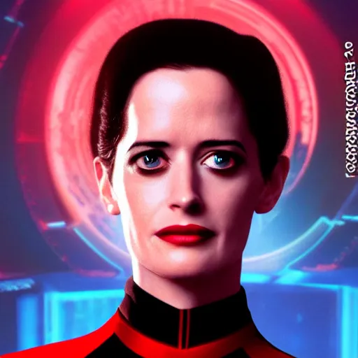Image similar to a portrait of 3 0 year old eva green as a star fleet officer from star trek next generation, ultra rendered, extreme realism and detail, 8 k, highly detailed, realistic, completely framed, hyper realistic, colorful, direct lighting, 3 5 mm photo, photorealistic, sharp focus