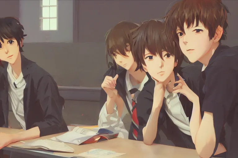 Prompt: boy's love anime high school classroom scene spring setting, expert high detail concept art, perfect proportions fine - face, realistic shaded lighting poster ilya kuvshinov, katsuhiro, jeremy lipkin and michael germash, makoto shinkai, loish and clamp style, trending on art station, best selling artist