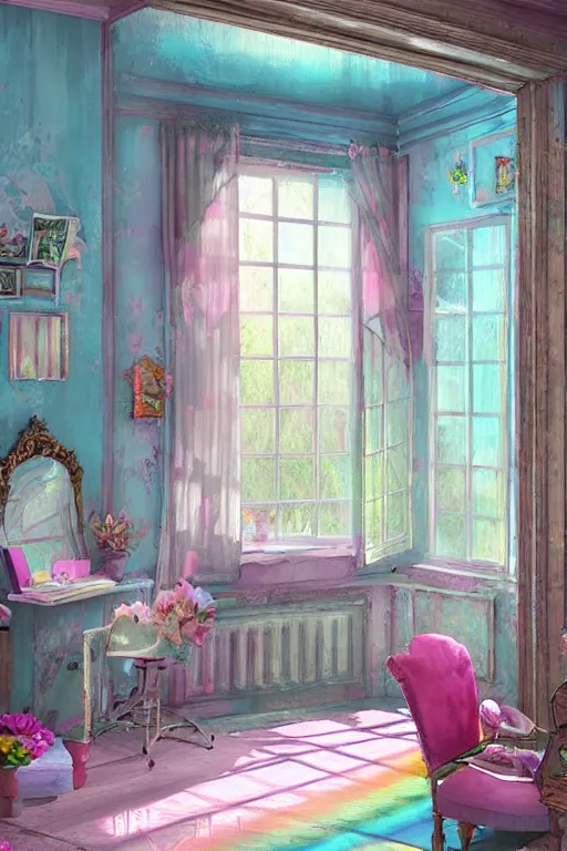 Image similar to matte sharp painting shabby chic room with windows james gurney, artgerm, lisa frank, artstation behance storybook