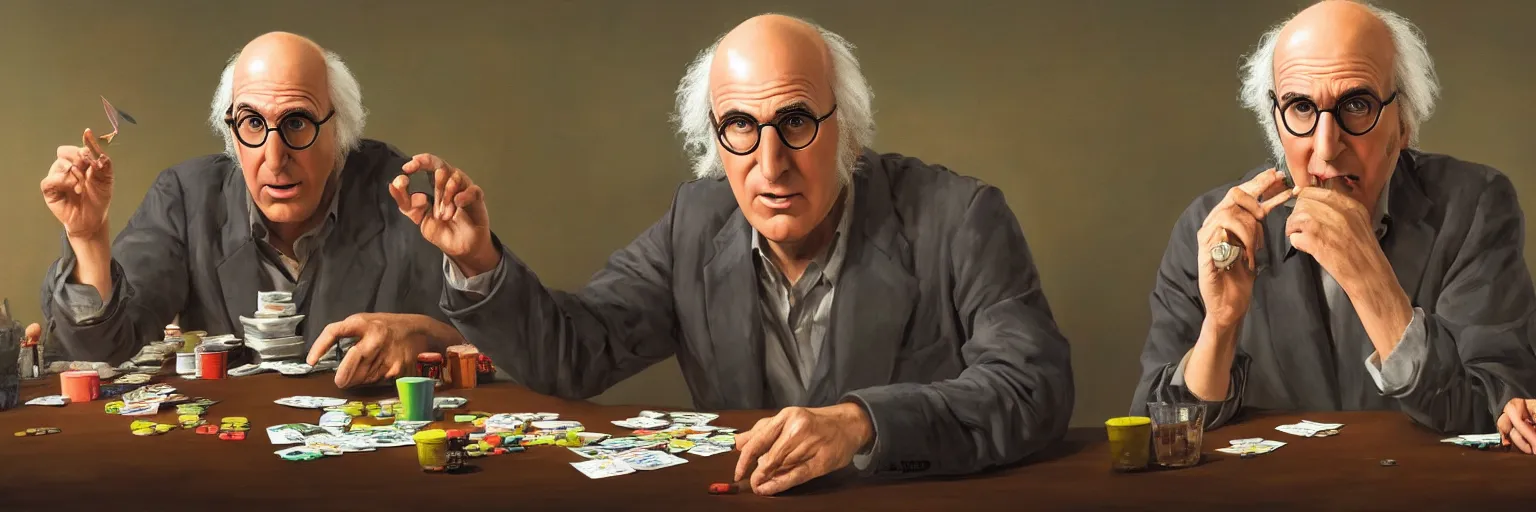 Prompt: colorful oil painting of character faces, realistic larry david turning an eternal soul playing poker, clear todd solondz face, glasses, disturbed, character sheet, fine details, concept design, contrast, kim jung gi, greg rutkowski and da vinci, 8 k, emotional, face turnaround 3 6 0, front view, back view, side view, ultra wide angle