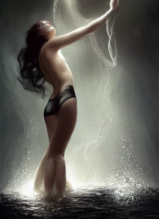 Prompt: hyper realist matte digital painting of a beautiful pale human, wrapped in black tentacles, wet fabric, floating in water, bubbles rising, full body, fantasy art, photo realistic, dynamic lighting, artstation, volumetric lighting, by charlie bowater, by karol bak