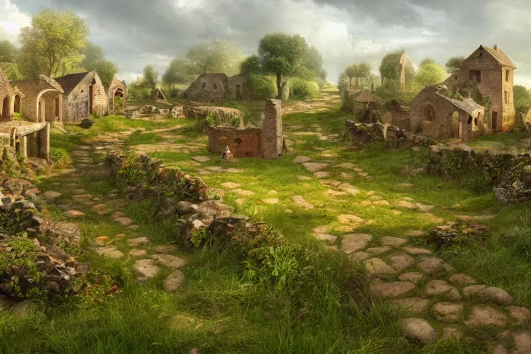 Prompt: a grass land and ruins and small bustling fixed luminously fun village and tan gravel pathways and joyful people in the 1 7 0 0 s, 4 k, 8 k, photorealistic landscape, landscape imagery, 4 k luminous lighting, volumetric lighting,