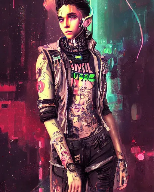 Image similar to detailed portrait Young Rebel Girl cyberpunk futuristic ((neon)) tattoes, yakuza, styled hair Reflective puffy sheen film jacket, decorated traditional ornaments by ismail inceoglu dragan bibin hans thoma greg rutkowski Alexandros Pyromallis Nekro James Jean illustrated Perfect face, fine details, realistic shaded, fine-face, pretty face