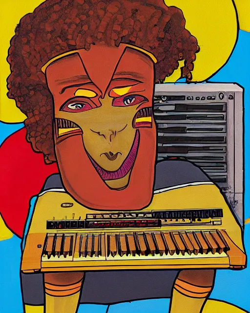 Image similar to an African cyclops (from x-men) playing an Akai MPC 2000XL, colourful painting by Toni Toscani, in the style of 'Woman in Brown Pants' (2018)