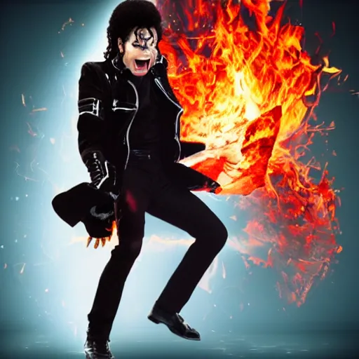 Prompt: angry Michael Jackson punching the screen with fire and bright in the background