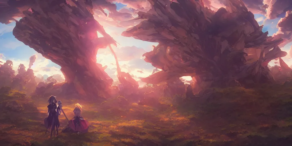 Prompt: isekai masterpiece by mandy jurgens, irina french, rachel walpole, and alyn spiller of an anime woman standing tree log looking up at giant crystals, high noon, cinematic, very warm colors, intense shadows, ominous clouds, anime illustration, anime screenshot composite background