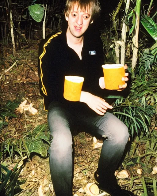 Prompt: rodney trotter drinking milk in a haunted jungle full of cheese at midnight with disco lights and dancing policeman