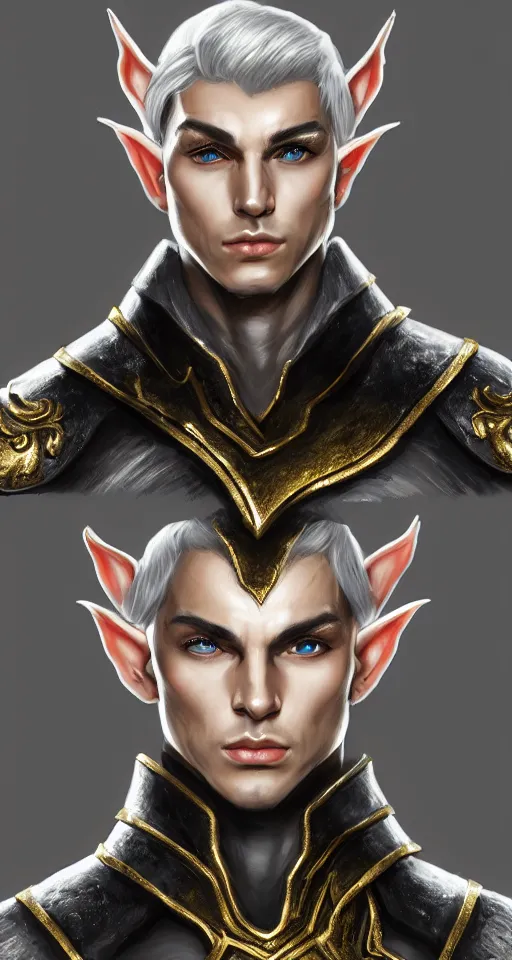 Image similar to A medium shot portrait of a male elf, he is about 20 years old, attractive, lean but muscular, serious composure, short silver hair, prideful look, he is wearing black heavy armor with gold plating and a red cape, highly detailed portrait, digital painting, ArtStation, concept art, smooth, sharp focus illustration, ArtStation HQ