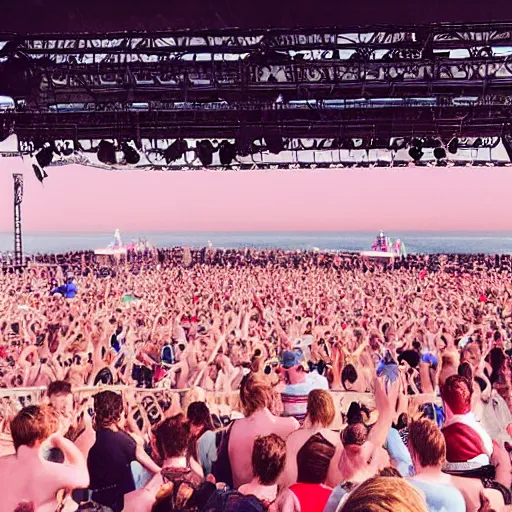 Image similar to a 70mm colour photograph of McFly playing a gig to a ((small crowd)) on a pale pink beach in the metaverse. There are semi transparent speakers on either side of the stage. Morning sun, haze, framed like a still from a Wes Anderson movie. McFly are pictures on a large dot matrix screen.