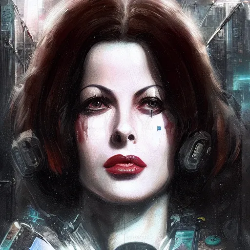 Prompt: young hedy lamarr, neuromancer, cyberpunk, high detail, dramatic light, digital art, dark, promotional art painted by seb mckinnon and greg rutkowski, trending on artstation