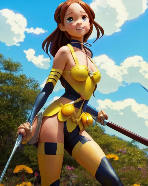 Image similar to weta disney pixar movie still pinup photo of asuna from sao : : as sunburnt tatoo cowgirl bumblebee woman by pixar : : by weta, greg rutkowski, wlop, ilya kuvshinov, rossdraws, artgerm, marvel, maxim cover, latex, octane render, sweaty, iridescent, bright morning, anime, liosh, mucha : :