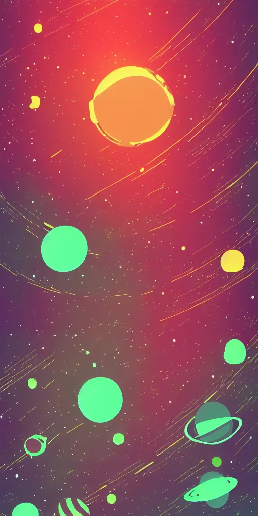 Image similar to a beautiful scene of planets and space, 2d minimalist vector art, high contrast neon cyberpunk palette, hd phone wallpaper