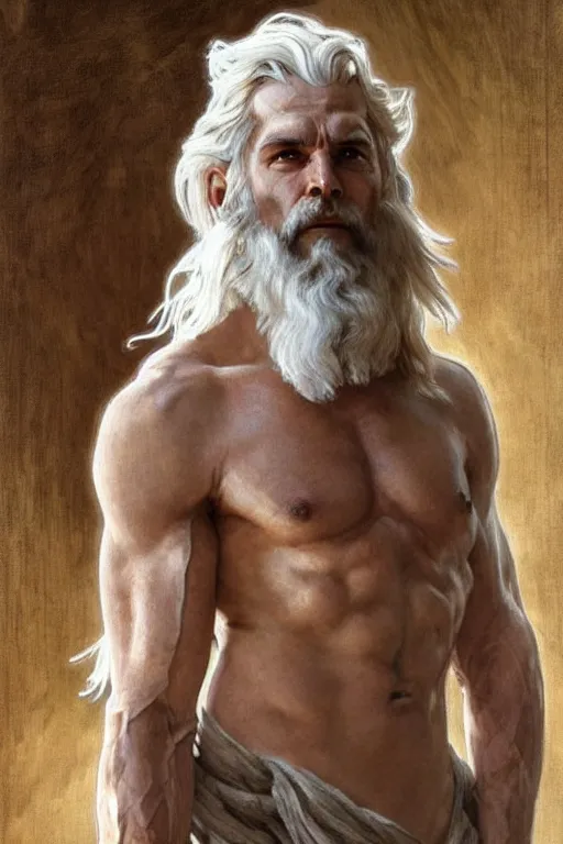 Image similar to painted portrait of rugged zeus, god of thunder, greek god, white hair, masculine, mature, handsome, upper body, white robe, muscular, hairy torso, fantasy, intricate, elegant, highly detailed, digital painting, artstation, concept art, smooth, sharp focus, illustration, art by gaston bussiere and alphonse mucha