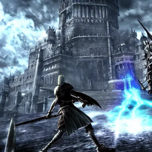 Prompt: gameplay screenshot of the game dark souls as an anime movie, a dark souls final boss battle in anor londo in the style of anime