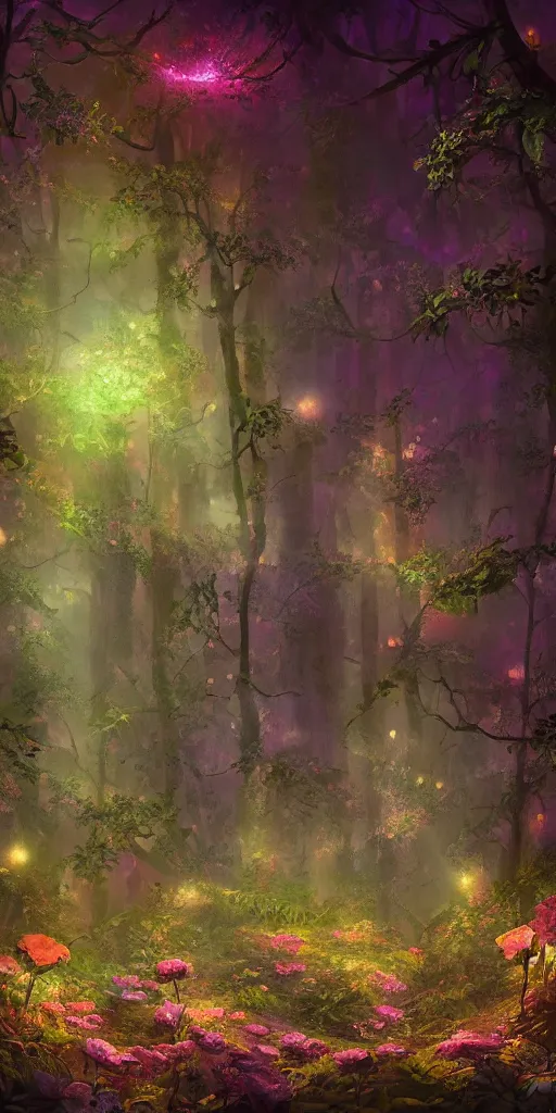 Prompt: elaborately detailed photo art of small colorful flowers glowing in night dark forest, high fantasy matte painting, atmospheric lighting, highly detailed illustration highlights, 8K detail post-processing, featured on DeviantArt, trending on cgsociety