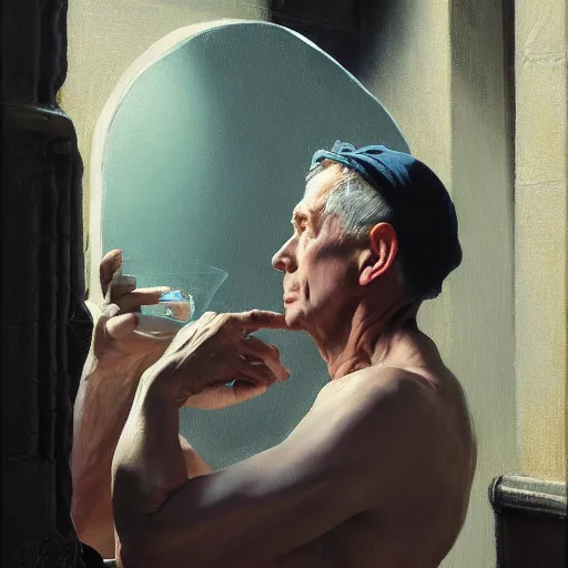 Image similar to detailed and oil painting, hyper realistic | cinematic lighting, award - winning | the hermit looks at his reflection in the well of darkness | by leyendecker, by norman rockwell, byy cesar santos | trending on artstation, cgsociety, official art, octane, digital painting, masterpiece.