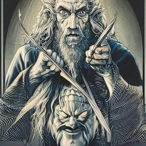 Prompt: portrait of crazy gandalf, symmetrical, by yoichi hatakenaka, masamune shirow, josan gonzales and dan mumford, ayami kojima, takato yamamoto, barclay shaw, karol bak, yukito kishiro