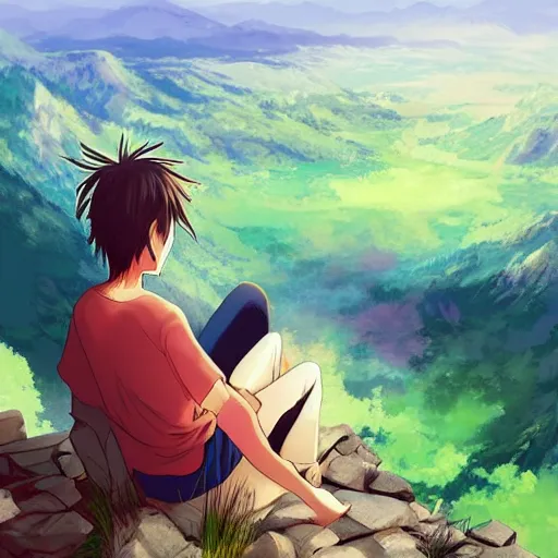 Image similar to digital art, anime, boy and girl sitting on the ledge of a mountain having a picnic with a beautiful view, creative, concept