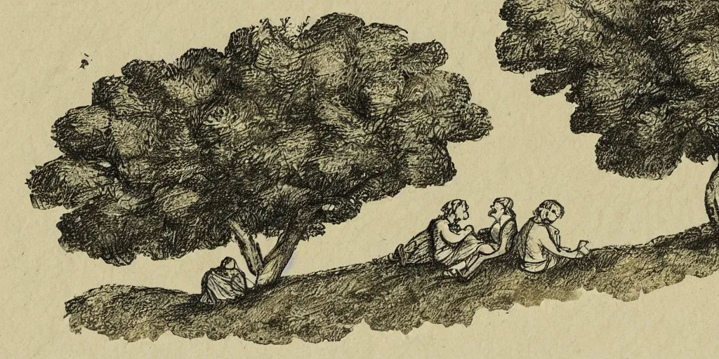 Image similar to a couple sits on a hill together as wind blows trees around, yellowed paper, pen and ink, 1 5 0 0 s, 8 k resolution