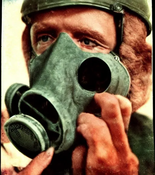 Prompt: person wearing scary gas mask, ww2 technicolor film photo, grainy, high detail, high resolution