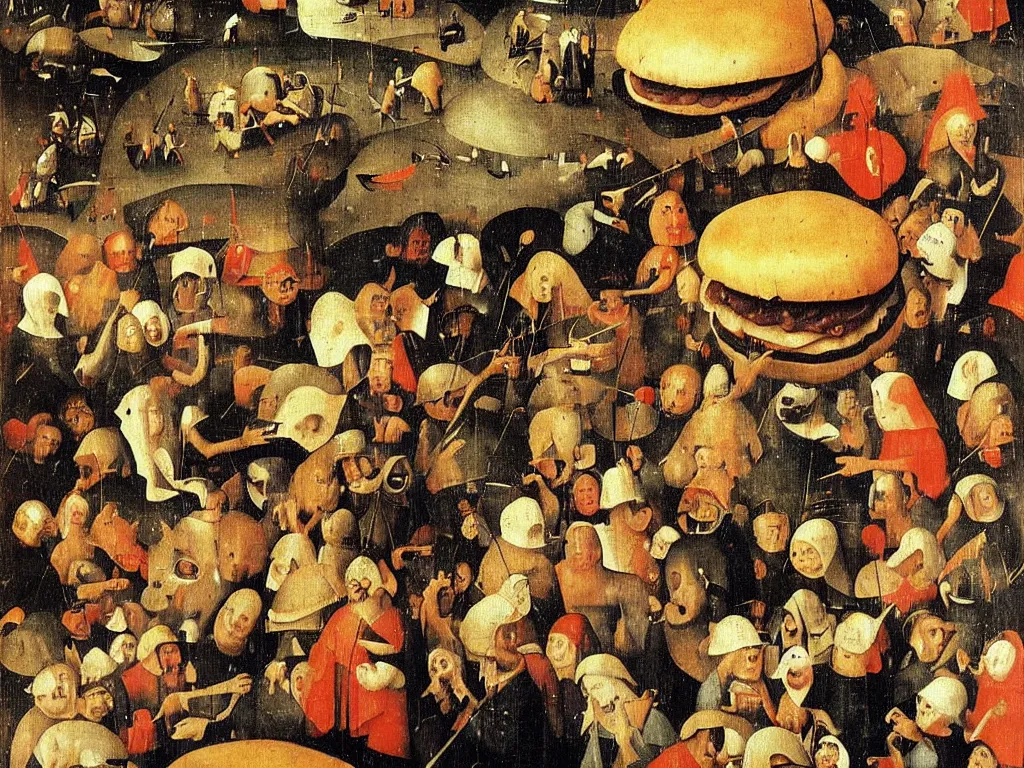 Image similar to crowd of tired workers holding a humongous hamburger over their heads with enormous effort by Hieronymus Bosch