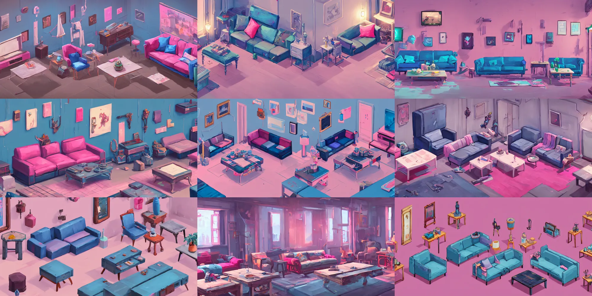 Prompt: game asset of urban furniture on living room, in gouache detailed paintings, props, stylized, 2 d sprites, kitbash, arcane, overwatch, blue and pink color scheme, 8 k, close up