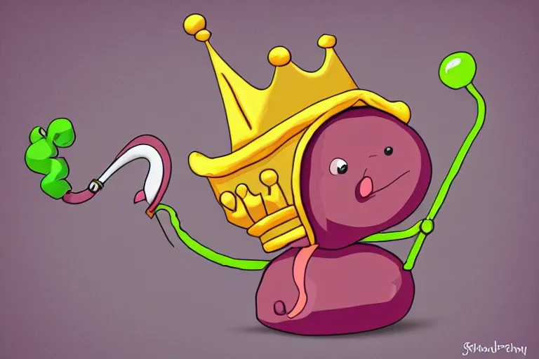 Image similar to kidney bean holding a staff, wearing crown, cartoon character, digital art, fun,