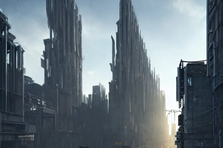 Image similar to streetscape, a towering cathedral of brutalist architecture, buildings covered with greebles, stunning volumetric light, sunset, metal, concrete and translucent material, stunning skies, majestic landscape, trending on Artstation, 8k, photorealistic, hyper detailed, unreal engine 5, IMAX quality, cinematic, epic lighting, in the style of Greg Rutkowski