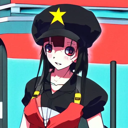 Image similar to anime girl wearing large black beret, black shirt with red star, smug grin, cel - shading, 2 0 0 1 anime, flcl, jet set radio future, golden hour, japanese town, concentrated buildings, japanese neighborhood, electrical wires, cel - shaded, strong shadows, vivid hues, y 2 k aesthetic