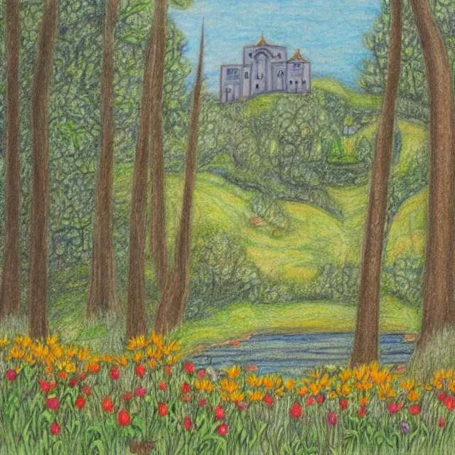 Image similar to monastery in a forest flower meadow with a pond landscape, colored pencil drawing