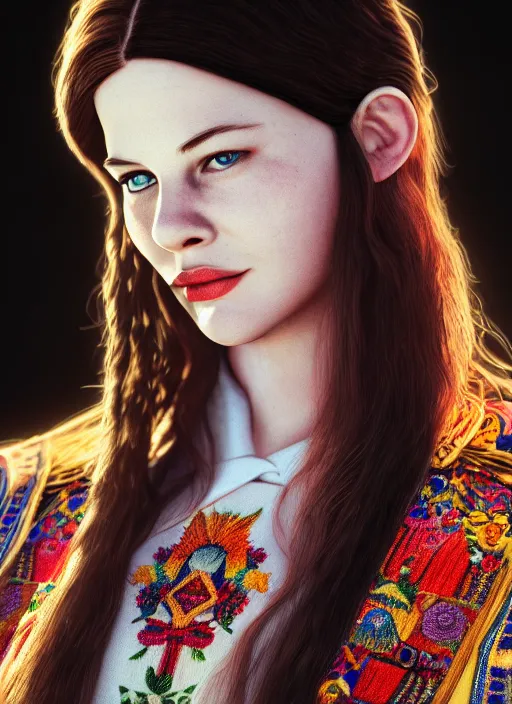 Image similar to young liv tyler, ukrainian national clothes, embroidered shirt, portrait of young woman, 8 k ultra realistic, lens flare, atmosphere, glow, detailed, intricate, full of colour, led lighting, 4 k, hyperrealistic, focused, extreme details, unreal engine 5, masterpiece