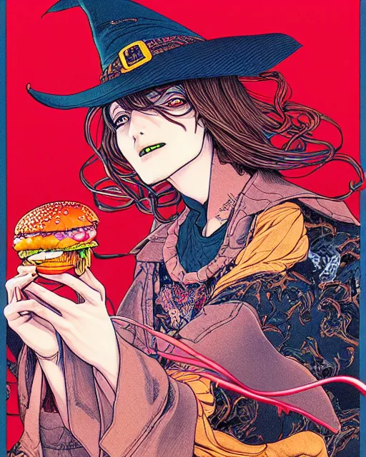 Prompt: hyper detailed illustration of a witch with a hamburger, intricate linework, lighting poster by moebius, ayami kojima, 9 0's anime, retro fantasy