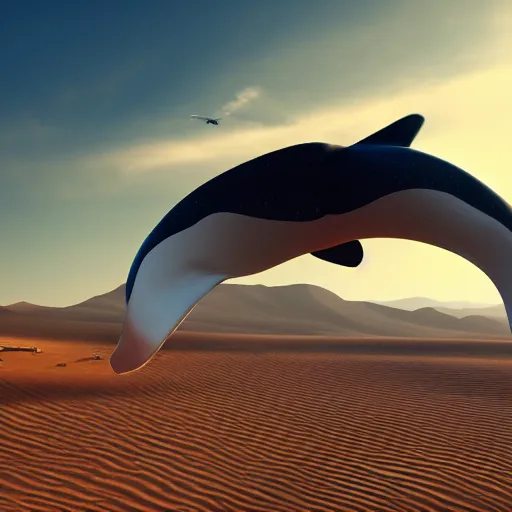 Image similar to a giant whale flying above a desert, golden hour, realism, 4 k, octane render, award winning photograph