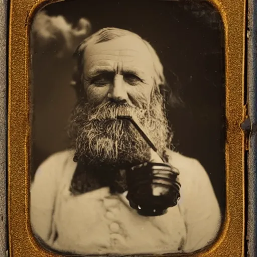 Prompt: portrait of an old sea captain smoking a pipe, daguerreotype, lighthouse in the background, piercing eyes