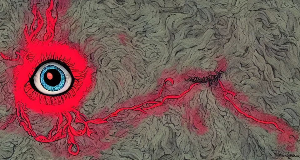 Image similar to a volcano made of ivory vines and crimson rocks enters in eruption, it spits a smoke in the shape of demonic eye, by Allie brosh